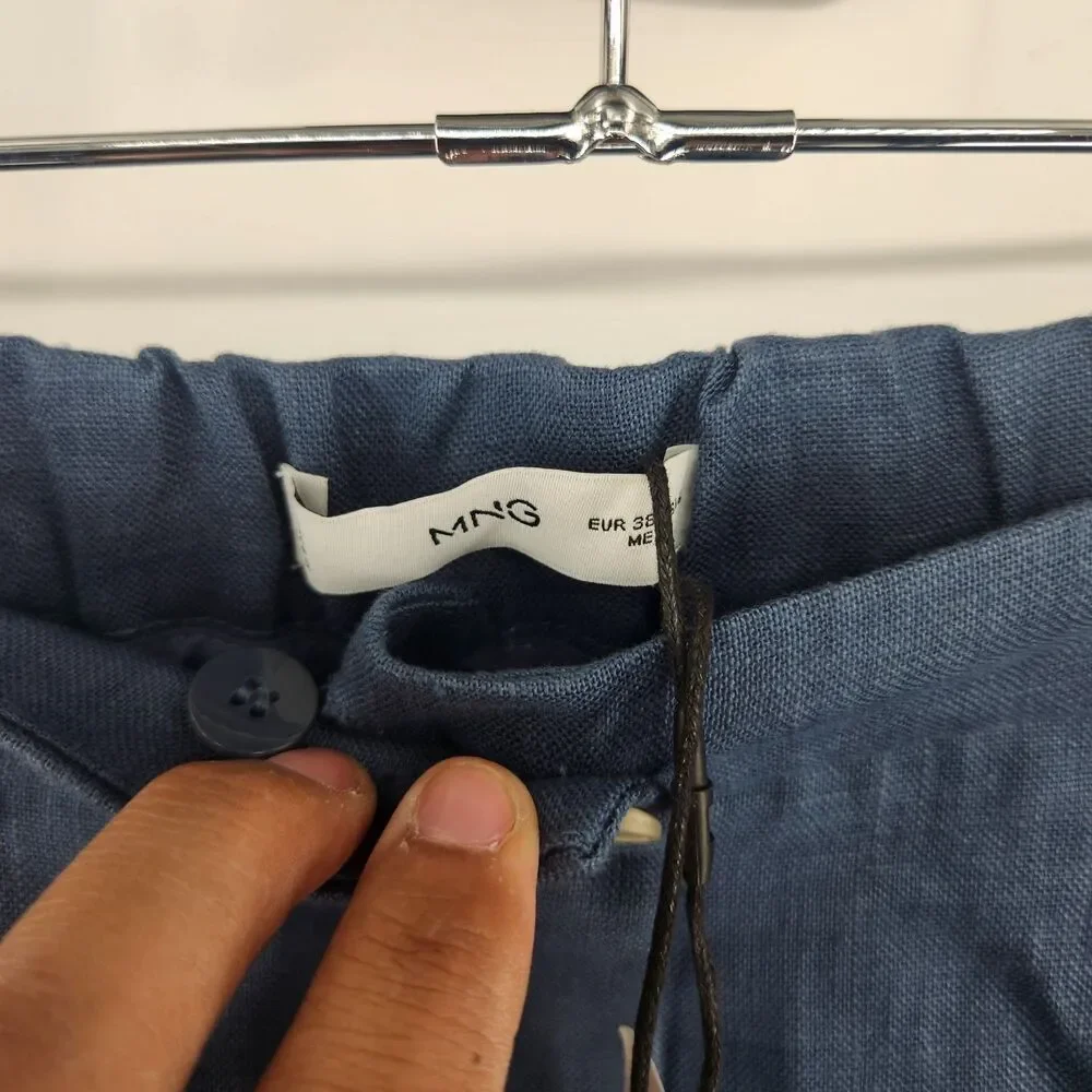 MNG Mango Women's Size 6 Blue Pleated‎ Detail Straight Fit Linen Pants NWT